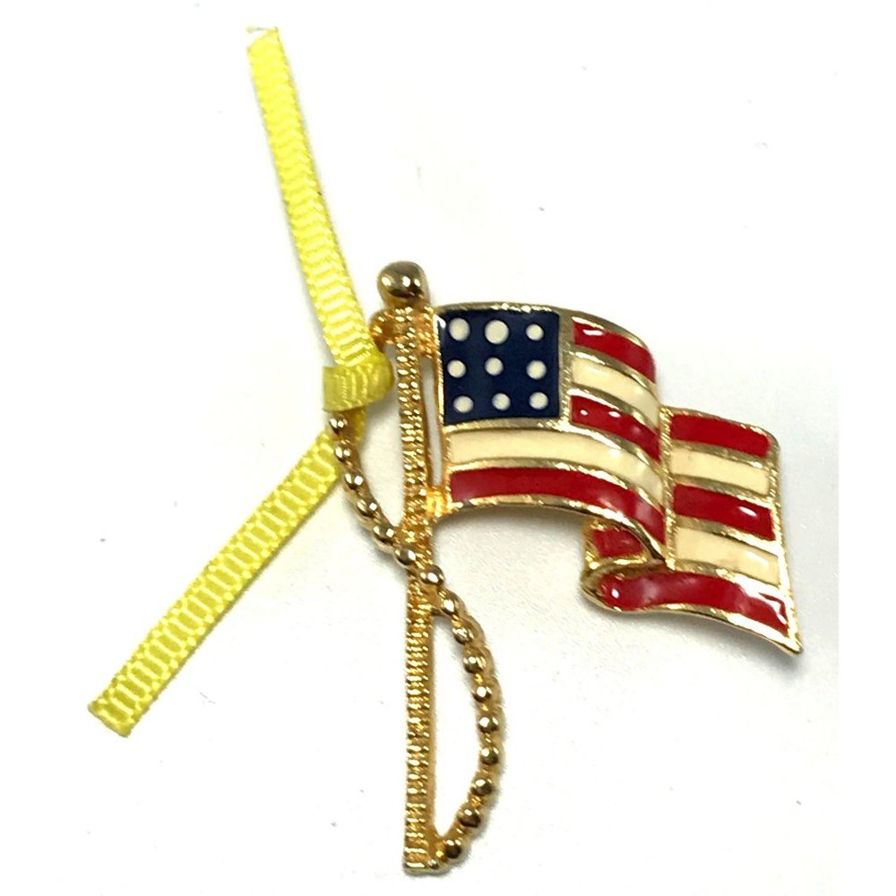 Vintage Gold Tone and Enamel Patriotic American Flag Brooch w/ Yellow Ribbon